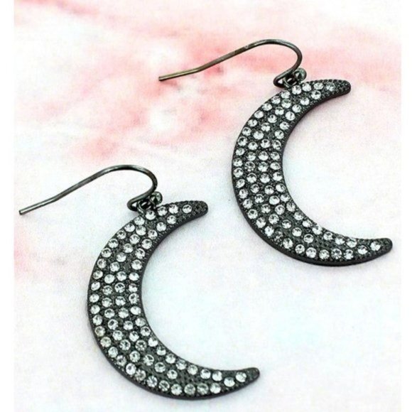 CLEAR CRYSTAL PAVE HEMATITE CRESCENT MOON EARRINGS - Picture 1 of 2